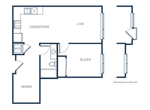 A floor plan of a small apartment with a sleeping area, a living area, a kitchen, and a work area.